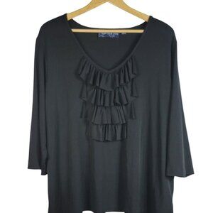 Susan Graver Style Stretchy Pullover Top Black 2X Ruffle Accent 3/4 Sleeve Party